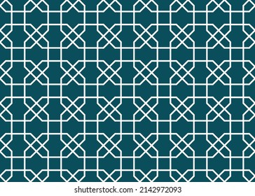 Traditional Islamic style geometric line art shapes of 8-sided octagons in a repeating pattern in white color outline on a teal-green background, vector illustration