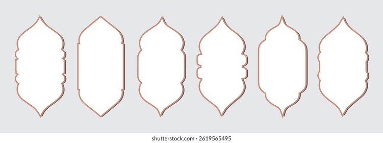 Traditional islamic white window shapes in oriental style. Set of black silhouette decorative arches, mosque borders gates. Collection of patterns in oriental style.