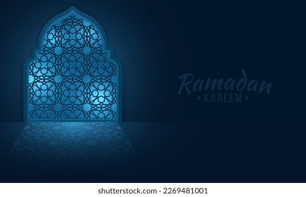 Ventana islámica tradicional con luz de la luna para Ramadan Kareem. Interior de mezquita por la noche. Ilustración vectorial. EPS 10