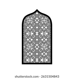 Traditional Islamic window, Ramadan gate door black frame with Arabic arabesque pattern in oriental style. Moroccan decorative ornament arch. Vintage Muslim mosque architecture vector design element