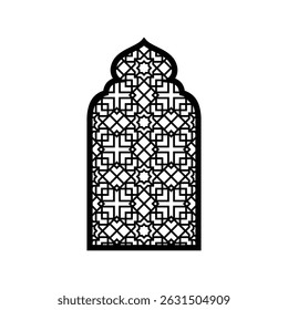 Traditional Islamic window, Ramadan gate door black frame with Arabic arabesque pattern in oriental style. Vintage Moroccan decorative ornament arch. Muslim mosque architecture vector design element