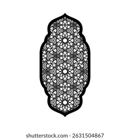 Traditional Islamic window shape, Ramadan black frame with Arabic arabesque pattern in oriental style. Vintage Muslim mosque architecture or Moroccan decorative arch vector design element