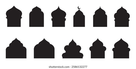 Traditional islamic window shape set. Arabic muslim architecture design elements, Ramadan frames, Eid mubarak decorative arches, mosque borders or moroccan gates. vector illustration
