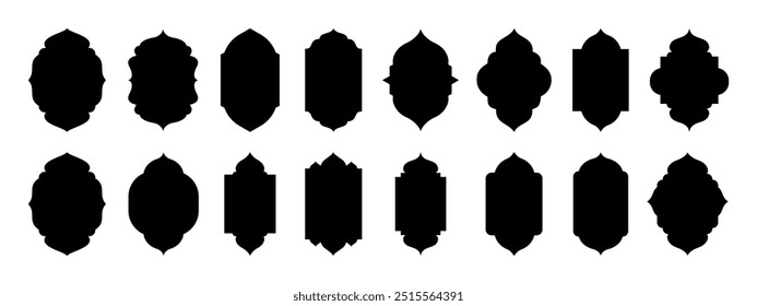 Traditional islamic window shapes in oriental style. Set of black silhouette eid mubarak decorative arches, mosque borders or moroccan gates. Eid mubarak oriental mirror, arabian gate.