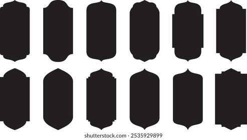 Traditional islamic window shapes in oriental style. Set of black silhouette eid mubarak decorative arches, mosque borders or moroccan gates. Arabic muslim
