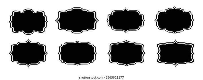 Traditional Islamic window shapes in oriental style. Set of black Eid Mubarak decorative arches, mosque borders or Moroccan gates. Arabic Muslim architecture design elements, Ramadan frames