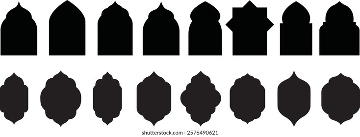 Traditional islamic window shapes in oriental style. Set of black silhouette eid mubarak decorative arches, mosque borders or moroccan gates. Arabic muslim architecture design elements, ramadan frames