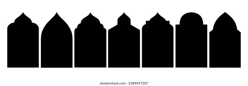 Traditional islamic window shapes in oriental style. Set of black silhouettes eid mubarak decorative arches. Arabic muslim architecture design elements, ramadan frames