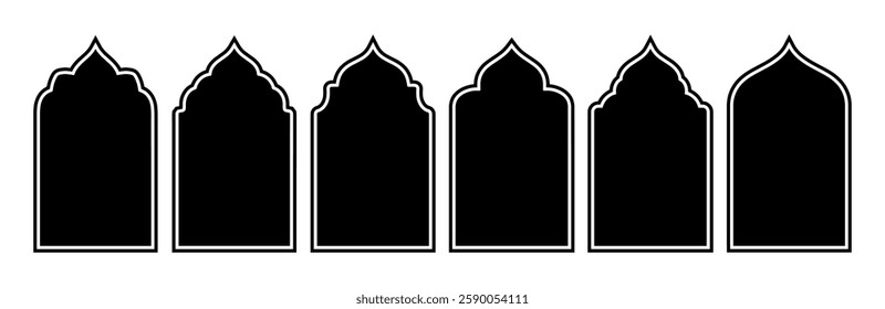 Traditional islamic window shapes in oriental style. Set of black silhouettes eid mubarak decorative arches. Arabic muslim architecture design elements, ramadan frames