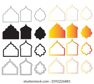 Traditional islamic window shapes in oriental style. Set of black silhouette eid mubarak decorative arches
