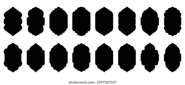 Traditional Islamic window shapes in oriental style. Set of black silhouette Eid Mubarak decorative arches, mosque borders or Moroccan gates. Eid Mubarak oriental mirror, Arabian gate. Vector Eps 10.