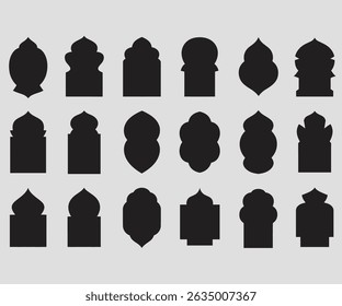 Traditional Islamic window shapes in oriental style. Set of black silhouette Eid Mubarak decorative arches, Moroccan gates or mosque borders. Arabic Muslim architecture frames, Ramadan design elements
