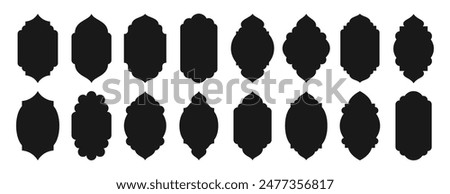 Traditional islamic window shapes in oriental style. Set of black silhouette eid mubarak decorative arches, mosque borders or moroccan gates. Arabic muslim architecture design elements, ramadan frames