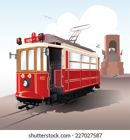 Traditional istanbul tram with the background of freedom monument. Vector illustration