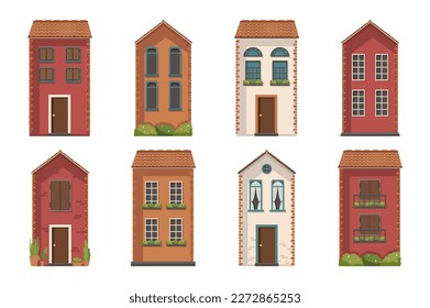 Traditional Italian architecture house building concept without people scene in the flat cartoon style. Small houses that can be seen in Italian courtyards. Vector illustration.