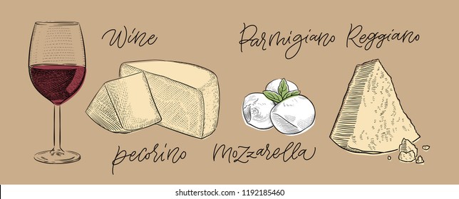 traditional Italian cheese pecorino, mozzarella, parmesan and a glass of red wine vintage engraving illustration with its name calligraphy on craft paper background