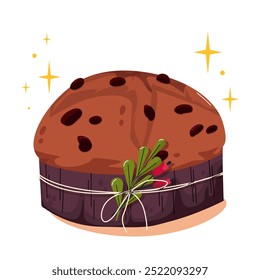 Produtos de pastelaria tradicionais italianos. Panettone italiano. Bolo de Natal. Cozinha nacional do mundo. Panettone pão doce Feliz Natal. Vetor para adesivos, anúncio, padrões, cartão de mensagem