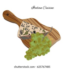 Traditional Italian composition of cheese and grapes on a wooden board. Vector illustration.