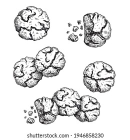 Traditional Italian cookies amaretti. Hand drawn sketch style illustrations set. Top view. This collection best for packages, flyers and menu desiigns. Vector drawings.