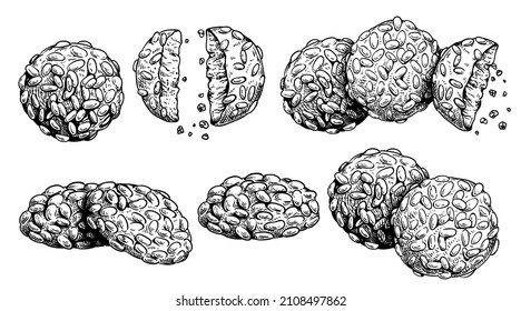 Traditional Italian cookies Pignoli. Italian biscuits set. Top and side view. Collection of homemade baked sweets. Hand drawn sketch style. Vintage illustrations isolated on white background.