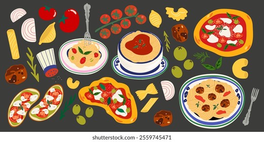 Traditional Italian cuisine. Cartoon vector retro stickers of traditional products, pizza, pasta, caprese, olive oil, tomatoes, mozzarella, parmesan cheese