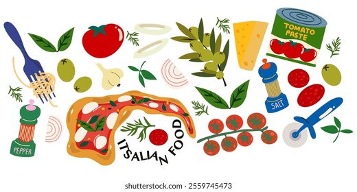 Traditional Italian cuisine. Cartoon vector retro stickers of traditional products, pizza, pasta, caprese, olive oil, tomatoes, mozzarella, parmesan cheese