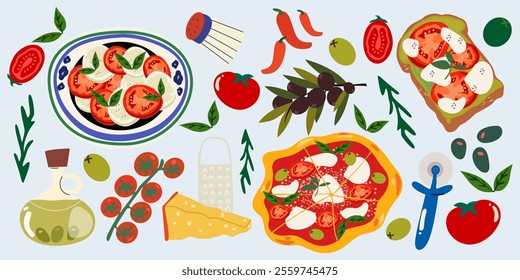 Traditional Italian cuisine. Cartoon vector retro stickers of traditional products, pizza, pasta, caprese, olive oil, tomatoes, mozzarella, parmesan cheese