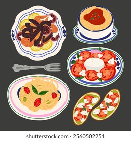 Traditional Italian cuisine. Cartoon vector retro stickers of traditional products and dishes, bolognese pasta, caprese, seafood risotto, ravioli, tomato and mozzarella toast. Italian food set