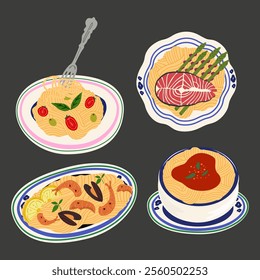 Traditional Italian cuisine. Cartoon vector retro stickers of traditional products and dishes, bolognese pasta, caprese, seafood risotto, ravioli, tomato and mozzarella toast. Italian food set