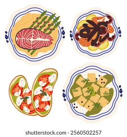 Traditional Italian cuisine. Cartoon vector retro stickers of traditional products and dishes, bolognese pasta, caprese, seafood risotto, ravioli, tomato and mozzarella toast. Italian food set