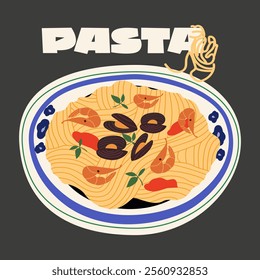 Traditional Italian cuisine. Cartoon vector retro traditional products and dishes, pasta and seafood risotto. A dish with seafood, shrimp, mussels and greens