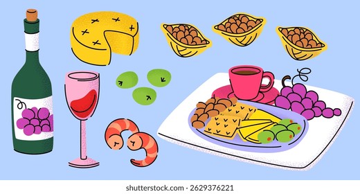 Traditional Italian cuisine food set - wine bottle and glass, cheese wheel and slices on plate, grapes and seafood shrimps. Retro doodle style drawings of dinner dish with coffee cup on plate.