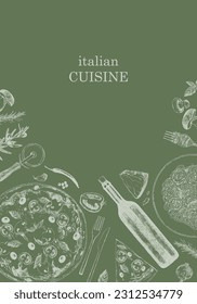 Traditional Italian cuisine. Hand-drawn illustration of Italian traditional dishes and products. Ink. Vector