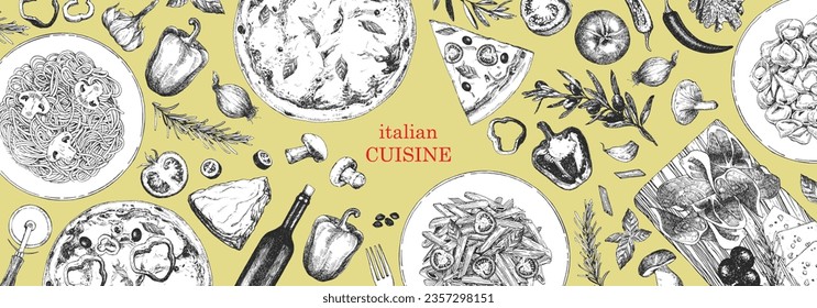 Traditional Italian cuisine. Hand-drawn illustration of Italian traditional dishes and products. Ink. Vector