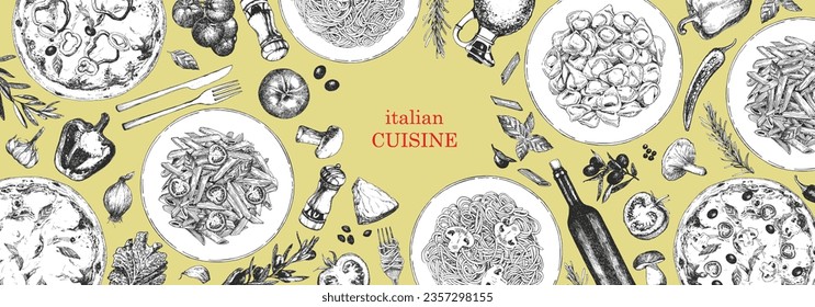 Traditional Italian cuisine. Hand-drawn illustration of Italian traditional dishes and products. Ink. Vector