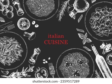 Traditional Italian cuisine. Hand-drawn illustration of Italian traditional dishes and products. Ink. Vector