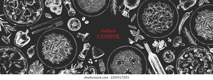 Traditional Italian cuisine. Hand-drawn illustration of Italian traditional dishes and products. Ink. Vector