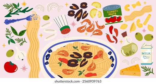 Traditional Italian cuisine. Italian seafood pasta with shrimps and mussels. Italian seafood dish food recipe retro poster. Mediterranean food. Vector illustration on a pink background