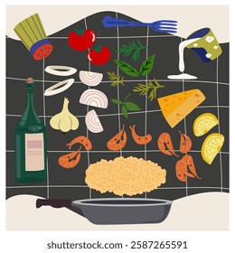 Traditional Italian cuisine. Italian seafood risotto with shrimps and mussels. Italian seafood dish food recipe retro poster. Mediterranean food. Vector cartoon bright illustration