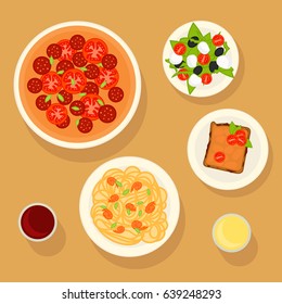 Traditional Italian dish set with pizza, salad, pasta, lasagna, bowls of ketchup and honey isolated vector illustration