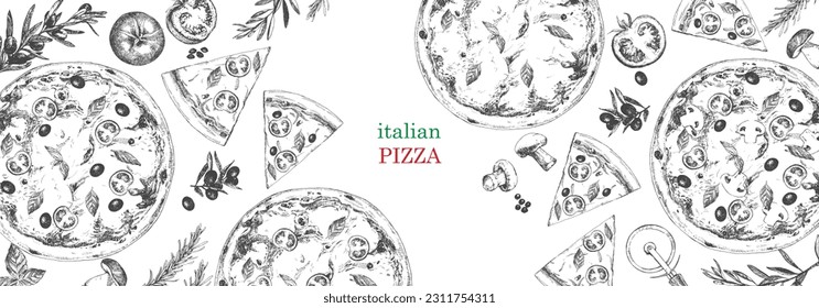 Traditional italian dishes. Hand-drawn illustration of Pizza. Italian food frame. Pizzeria menu design template. Vector. Ink drawing. 