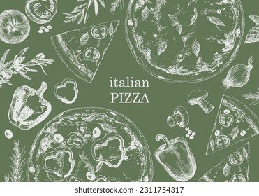 Traditional italian dishes. Hand-drawn illustration of Pizza. Italian food frame. Pizzeria menu design template. Vector. Ink drawing. 