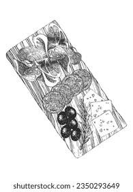 Traditional italian dishes. Hand-drawn illustration of Starters. Appetiser. Vector. Ink drawing. 