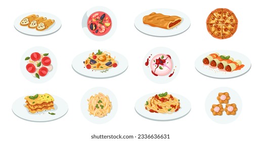 Traditional italian food. Cartoon restaurant menu with cheese pizza, olive oil and tomatoes. Vector graphic of Mediterranean traditional meals. Illustration of italian food menu