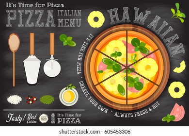 Traditional Italian Food - Hawaiian Pizza, Ingredients and Cutlery on Blackboard. Chalk Text. Top View. Vector Illustration