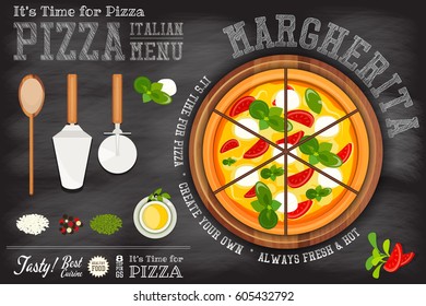 Traditional Italian Food - Margherita Pizza, Ingredients and Cutlery on Blackboard. Chalk Text. Top View. Vector Illustration