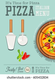 Traditional Italian Food Poster - Pizza,  Pizza Cutter and Cake Server on Blue  Background. Placard Style. Top View. Vector Illustration