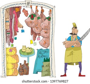 A traditional italian food store full of sausages, bacon, cheese and others tradition delicious. A facade of a vintage grocery shop. Caricature. Cartoon.