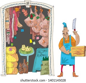 A traditional italian food  store full of sausages, bacon, cheese and others tradition delicious. A facade of a vintage grocery shop. Caricature. Cartoon.