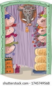 A traditional italian food store full of sausages, bacon, cheese and others tradition delicious. An entrance decorated with a boar head. A facade of a vintage grocery shop. Caricature. Cartoon.
